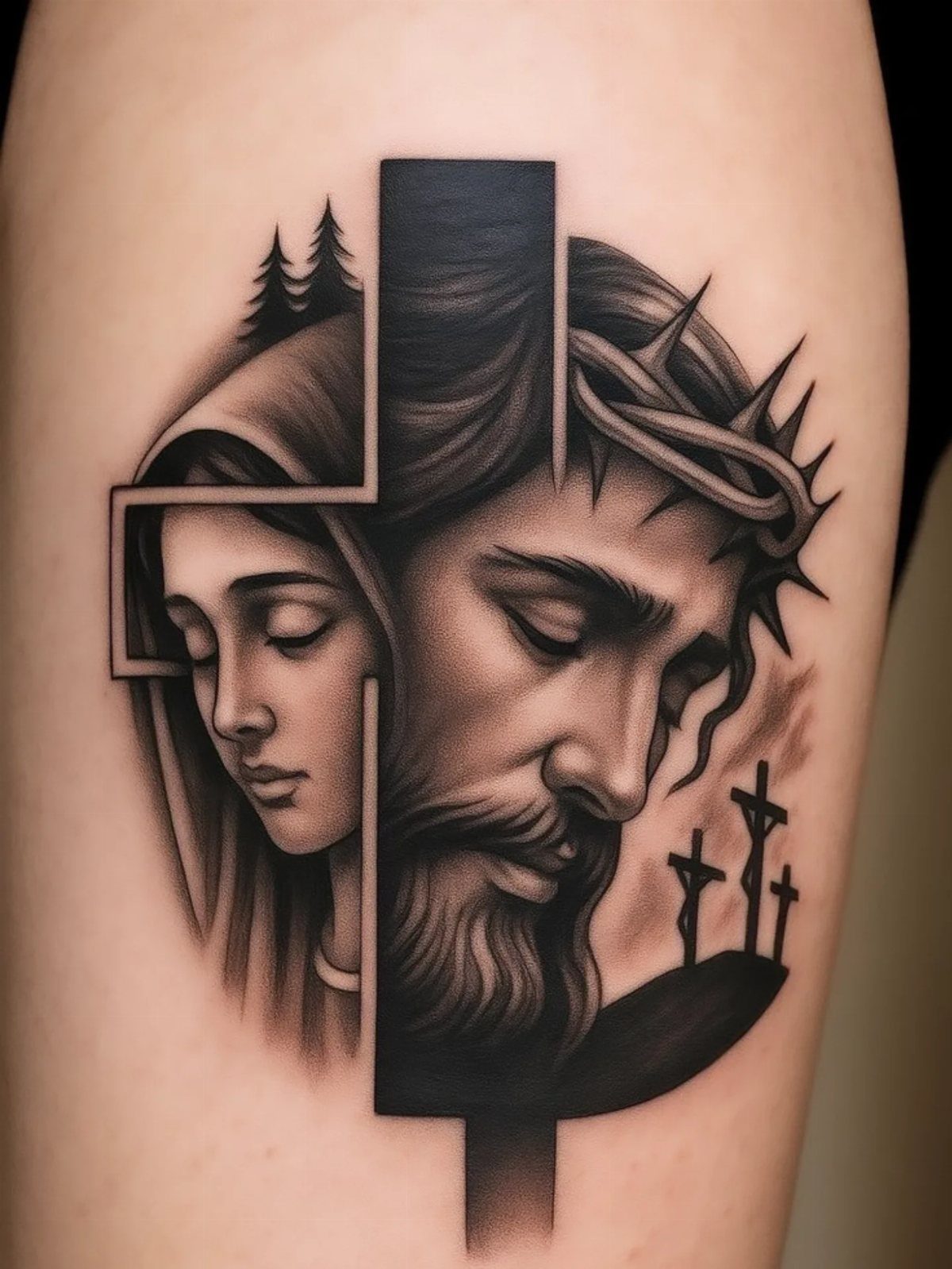 Black and grey tattoo of Jesus and Mary integrated with a central cross.