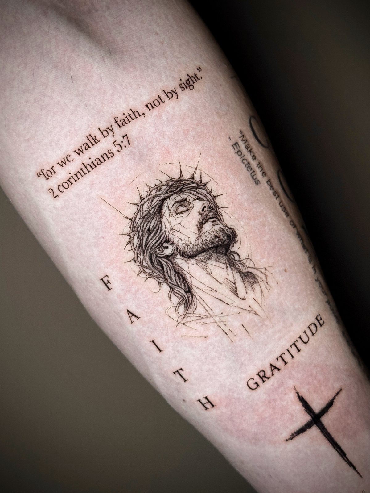 Jesus tattoo with crown of thorns, biblical scripture, and words faith and gratitude