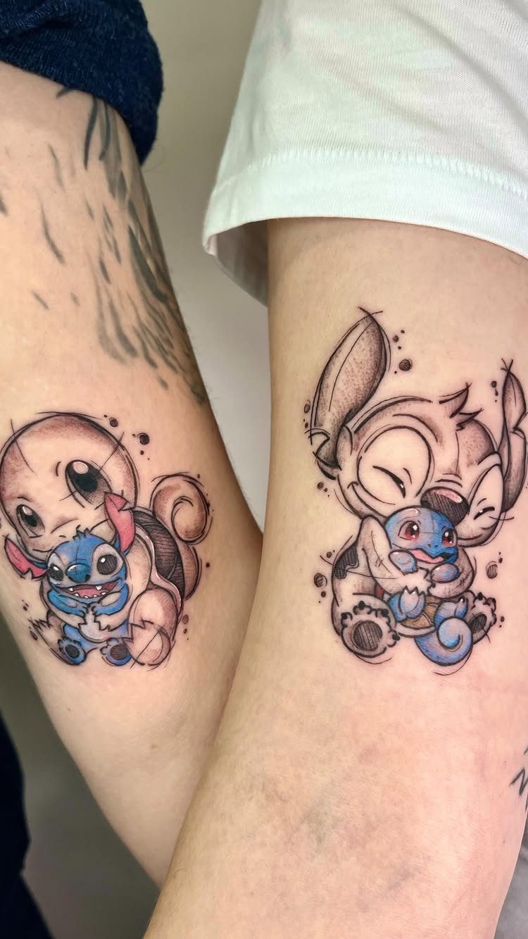 Matching tattoos of Stitch hugging Snorlax and another creature on two arms.