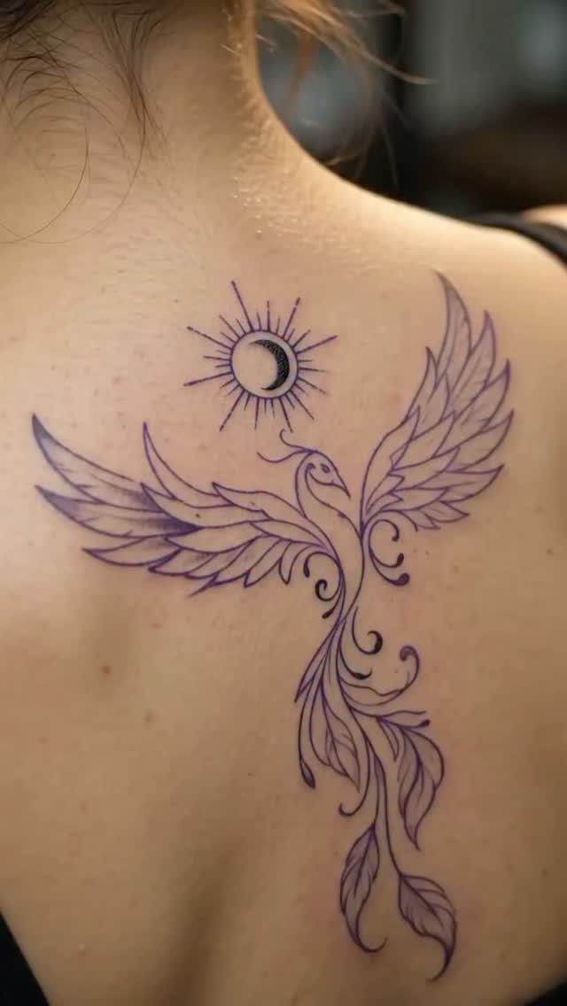 Purple phoenix tattoo with a sun and moon symbol on a person's shoulder.