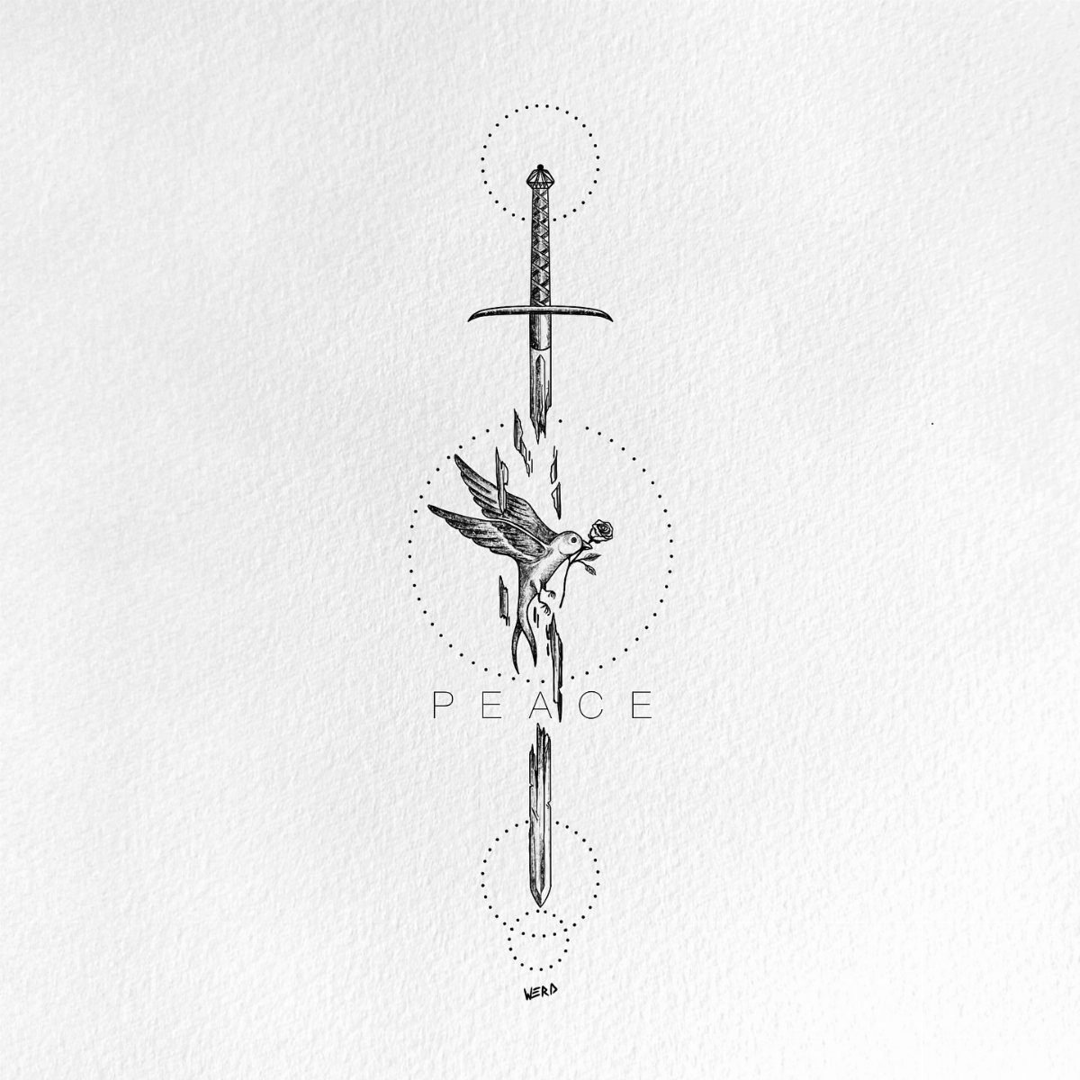 Sword and bird drawing with the word PEACE written in minimal capital letters.