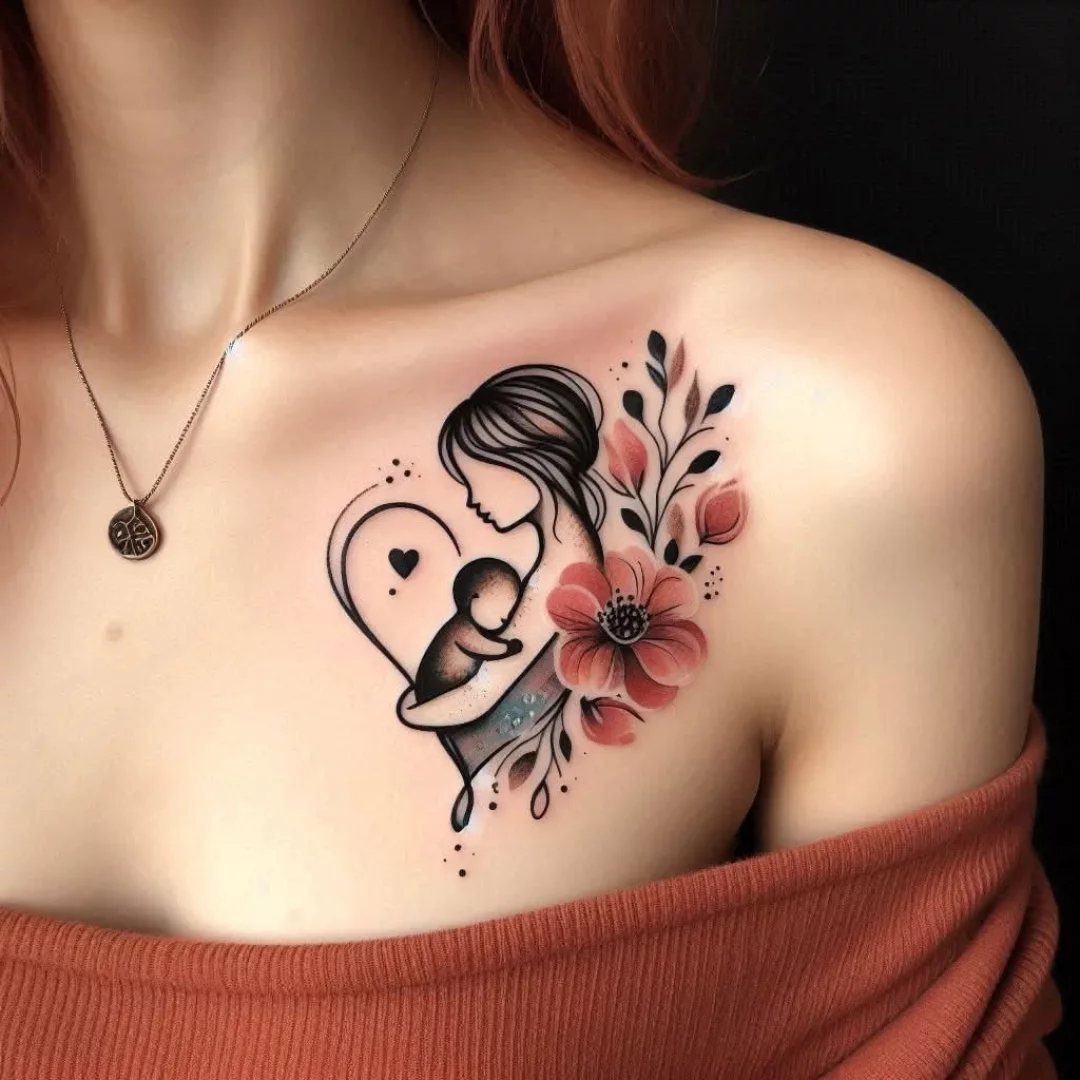 Mother and baby heart tattoo with red flowers on a woman's upper chest.