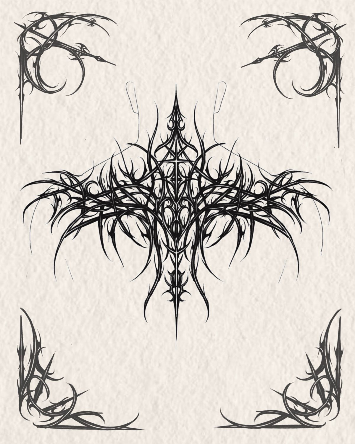 Neo-tribal tattoo designs with sharp black lines on textured off-white paper.