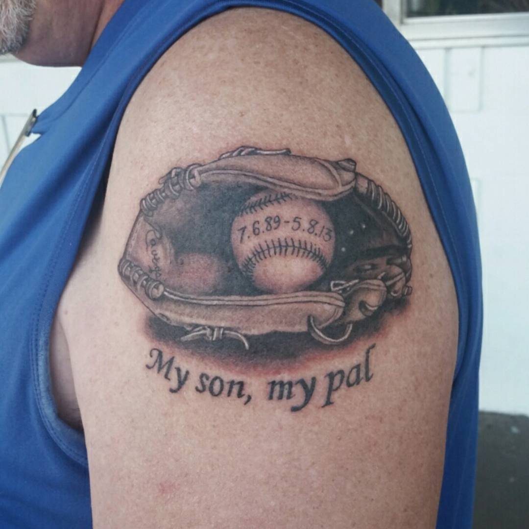 Baseball glove and ball tattoo on an arm with the text My son, my pal