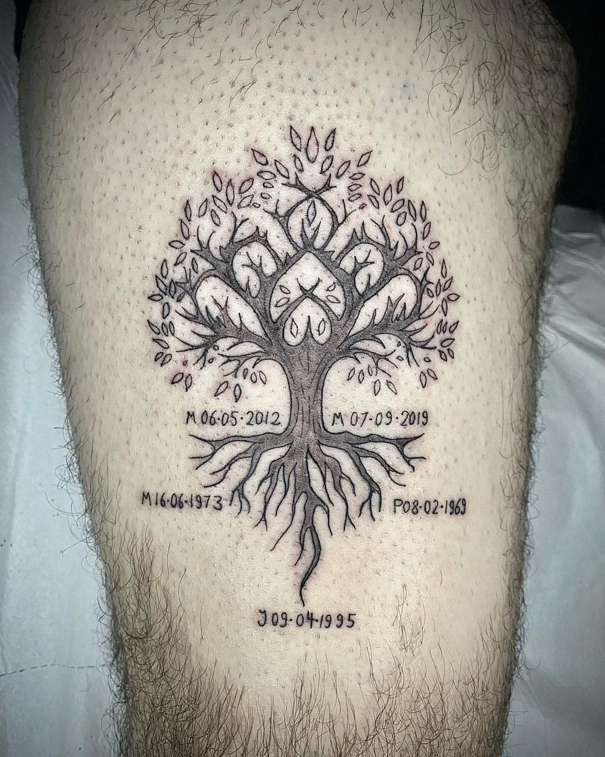 Tree of life tattoo with roots and dates on a person's leg
