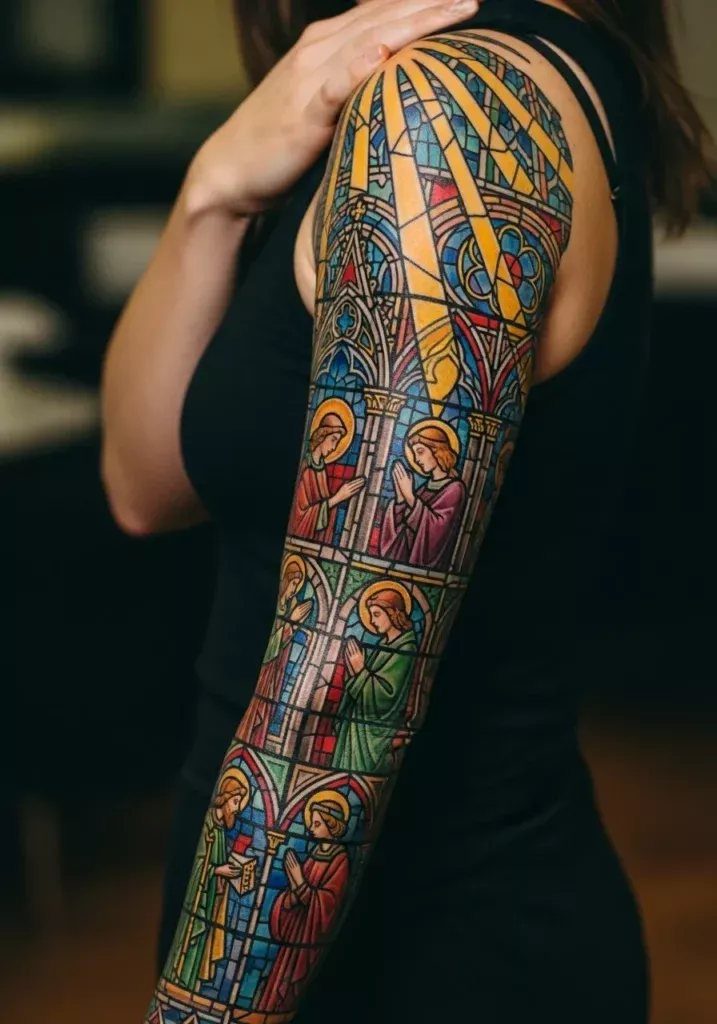 Full sleeve tattoo of colorful stained glass religious figures on a person's arm.