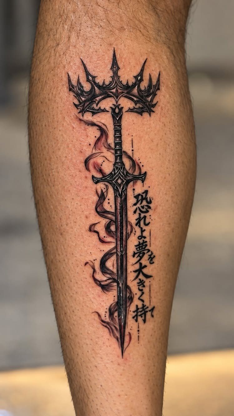 Ornate sword tattoo with smoke and Japanese calligraphy on a person's calf