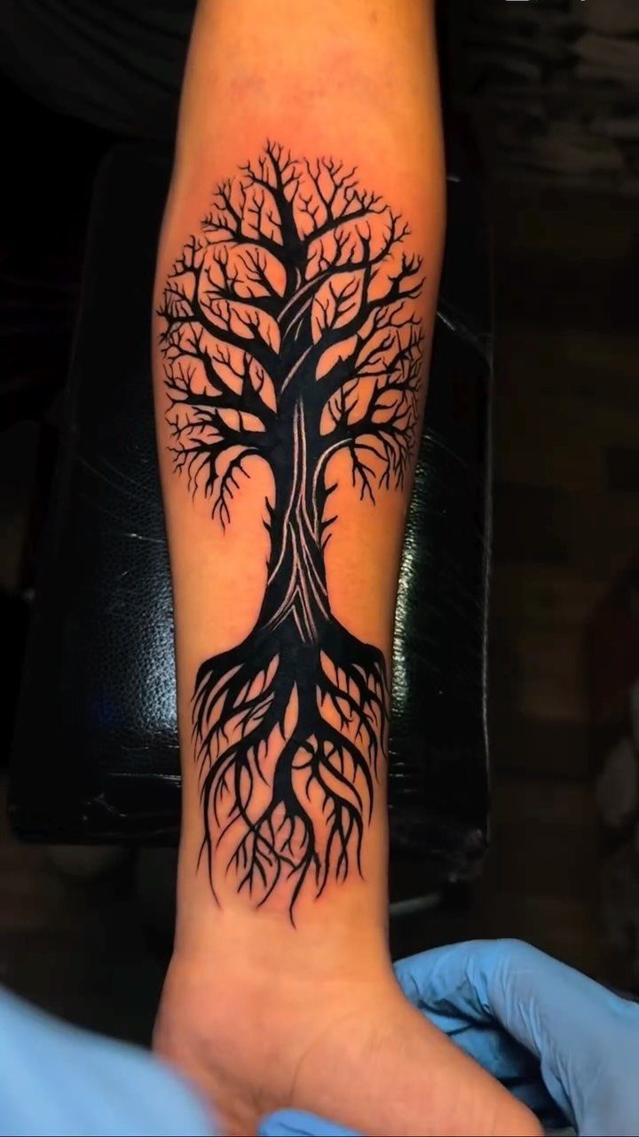 Black ink tree tattoo with detailed roots and branches on a forearm.