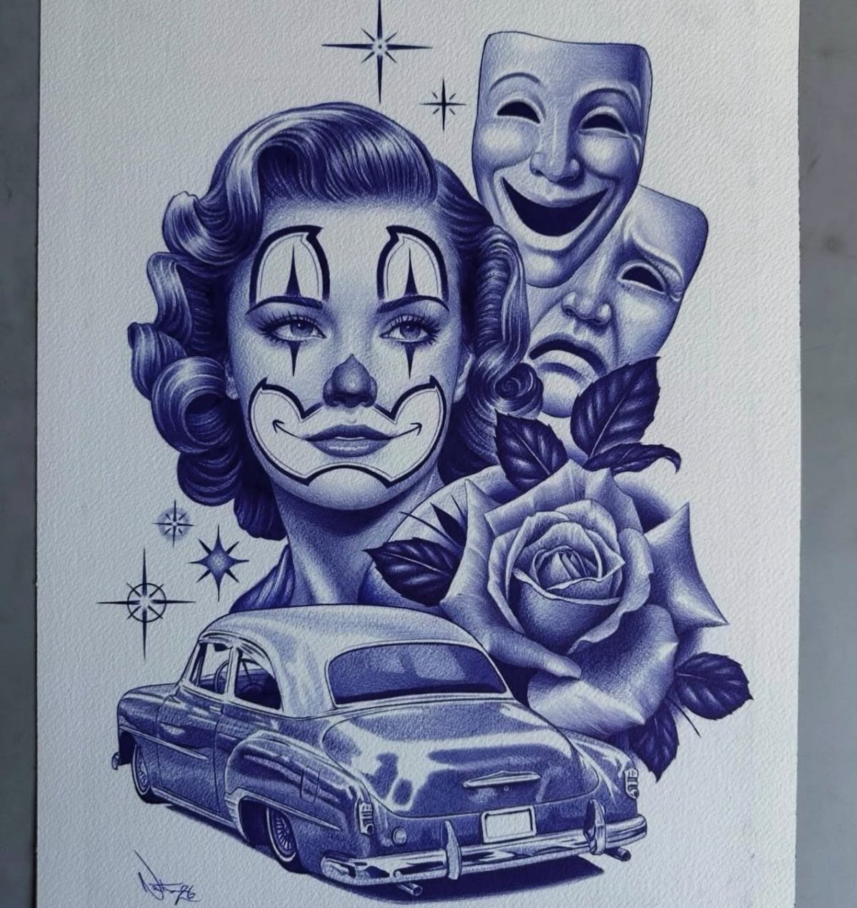 Woman with clown makeup, lowrider car, and rose in Chicano tattoo style drawing