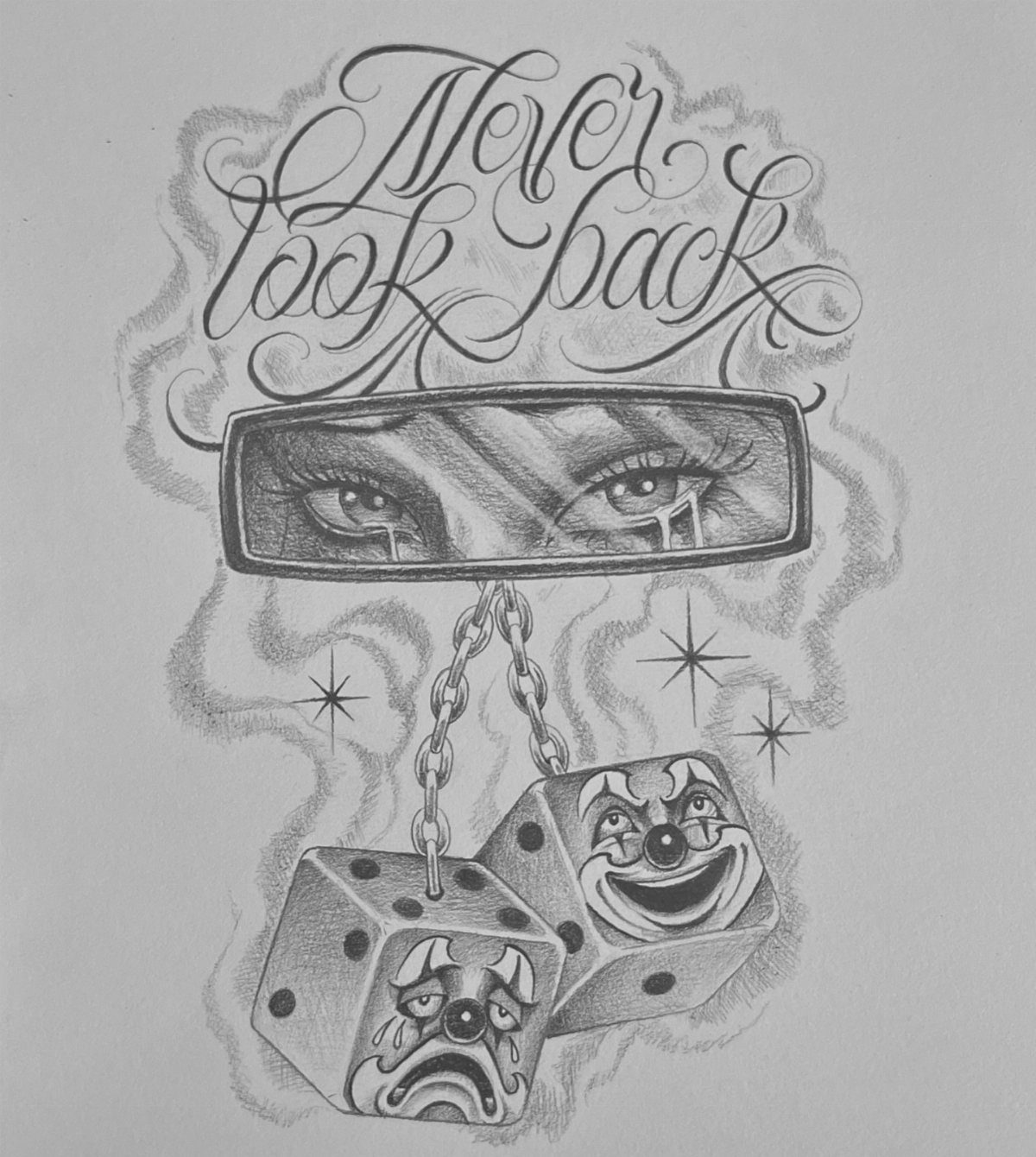 Pencil drawing of crying eyes in a mirror with clown dice and cursive text.
