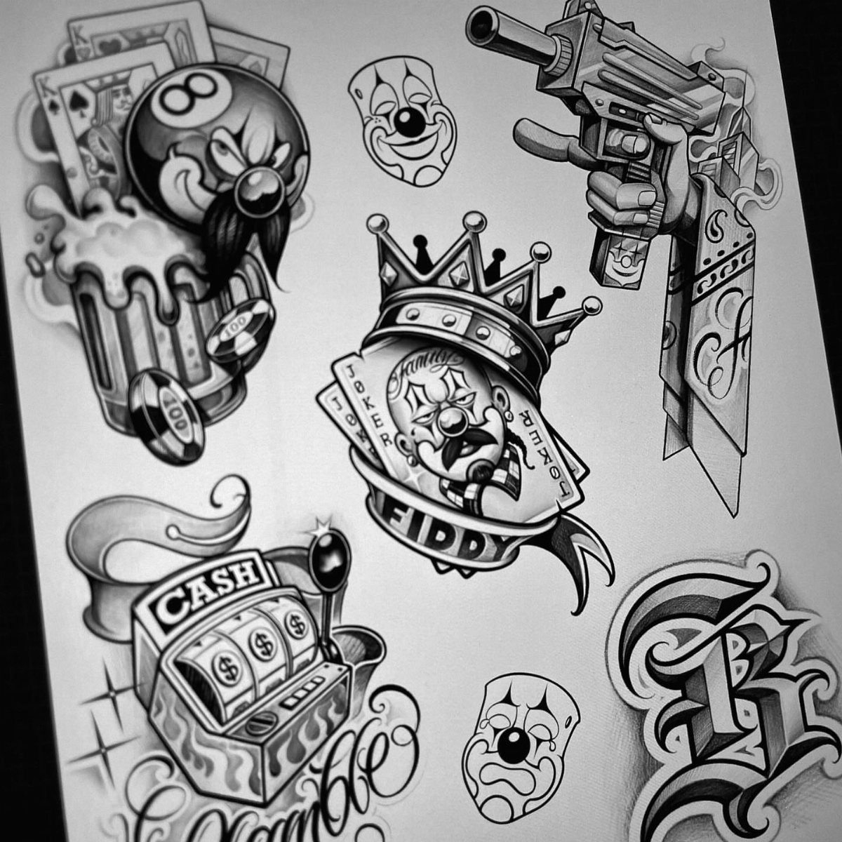 Tattoo sketches of a handgun, crown, clown, and slot machine in Chicano style.