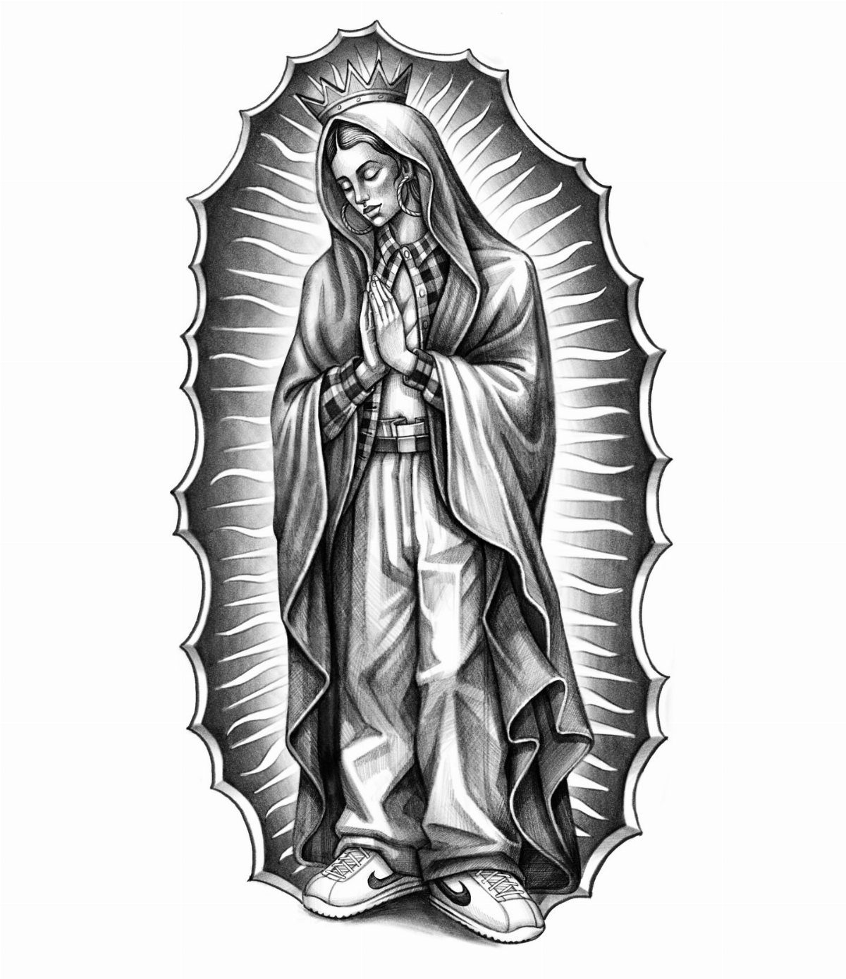 Praying figure in Chicano style wearing a crown, cloak, and sneakers.
