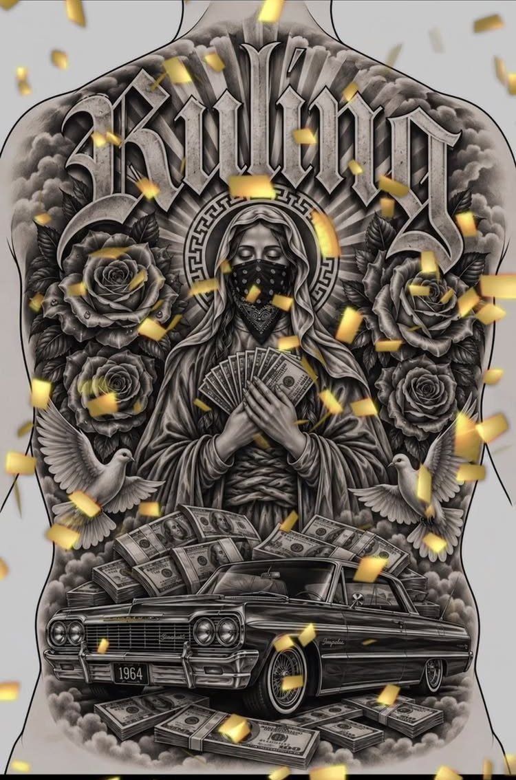 Tattoo design featuring a masked figure, roses, a lowrider car, and stylized lettering.