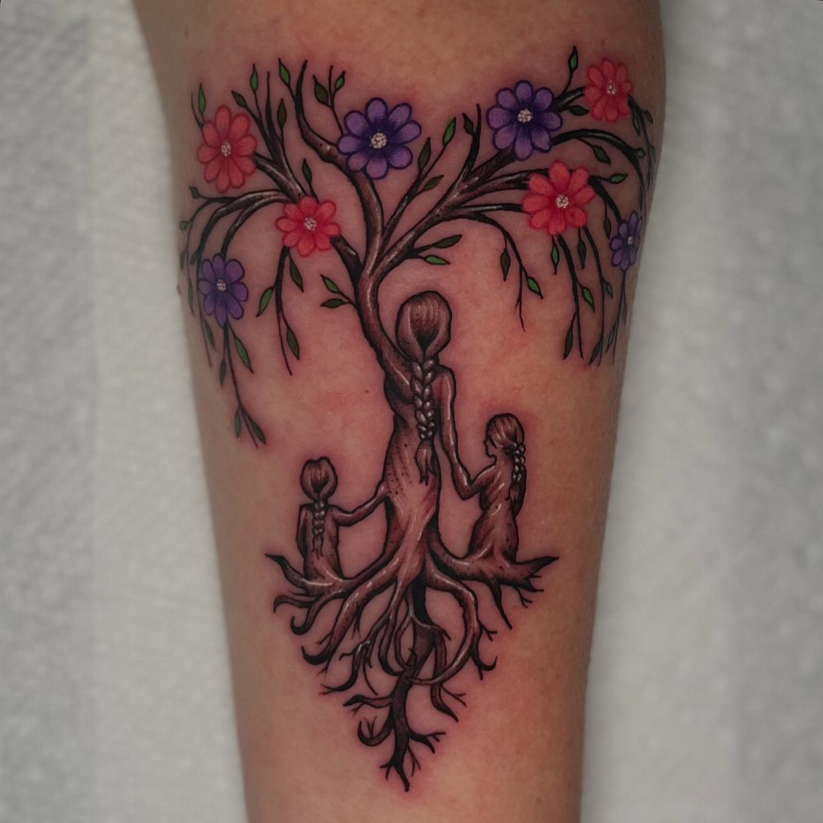 Tree tattoo with female silhouettes in the trunk and roots with colorful flowers