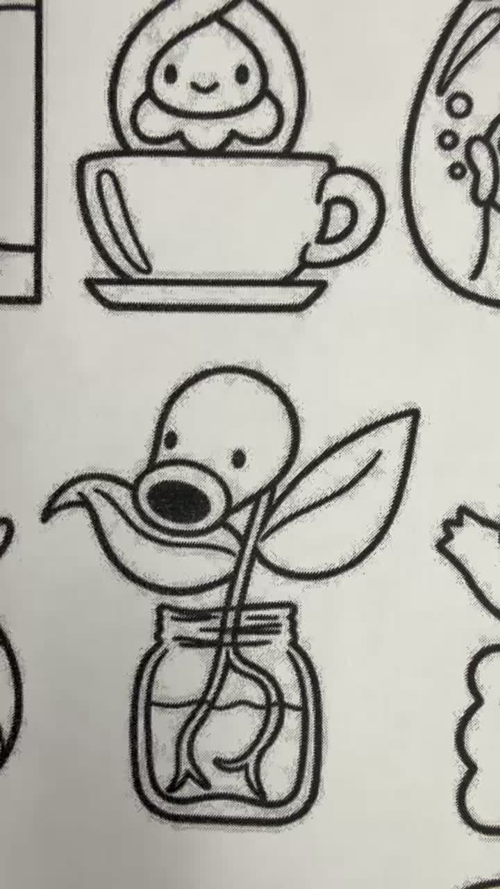 Black ink tattoo flash designs of a teacup character and a jar plant.