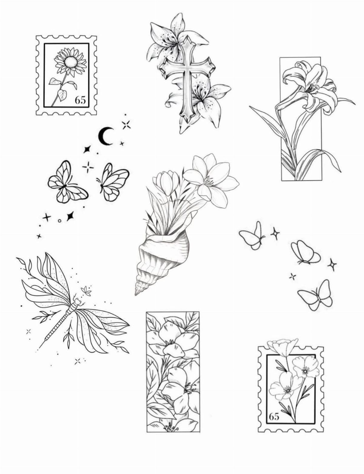 Black line art tattoo designs featuring flowers, butterflies, and stamps on white background