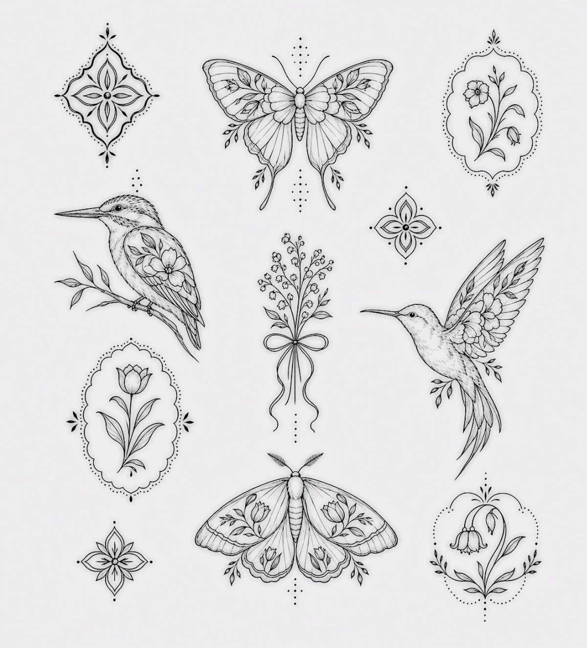 Black ink tattoo flash designs featuring birds, butterflies, and floral ornaments on white.