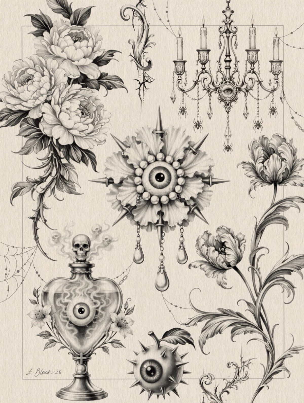Detailed black and grey tattoo flash drawings of flowers, eyes, and a chandelier.