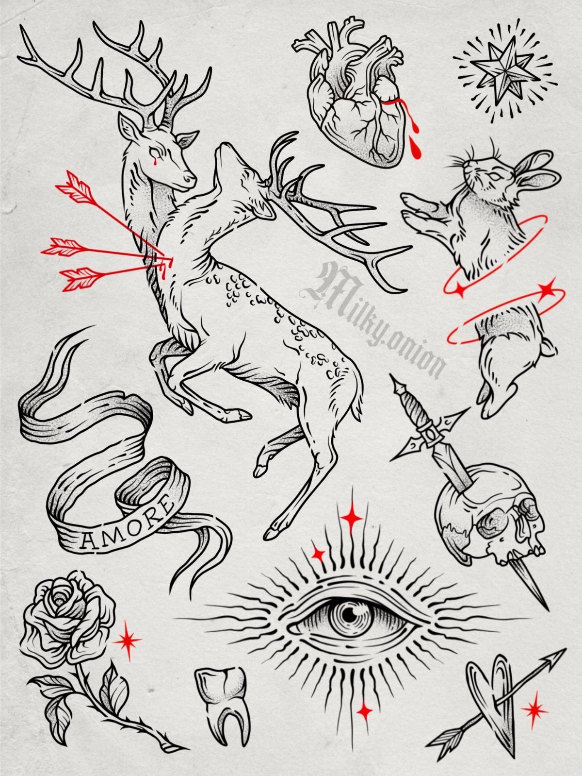 Tattoo flash sheet with black ink drawings of a deer, skull, and rose.