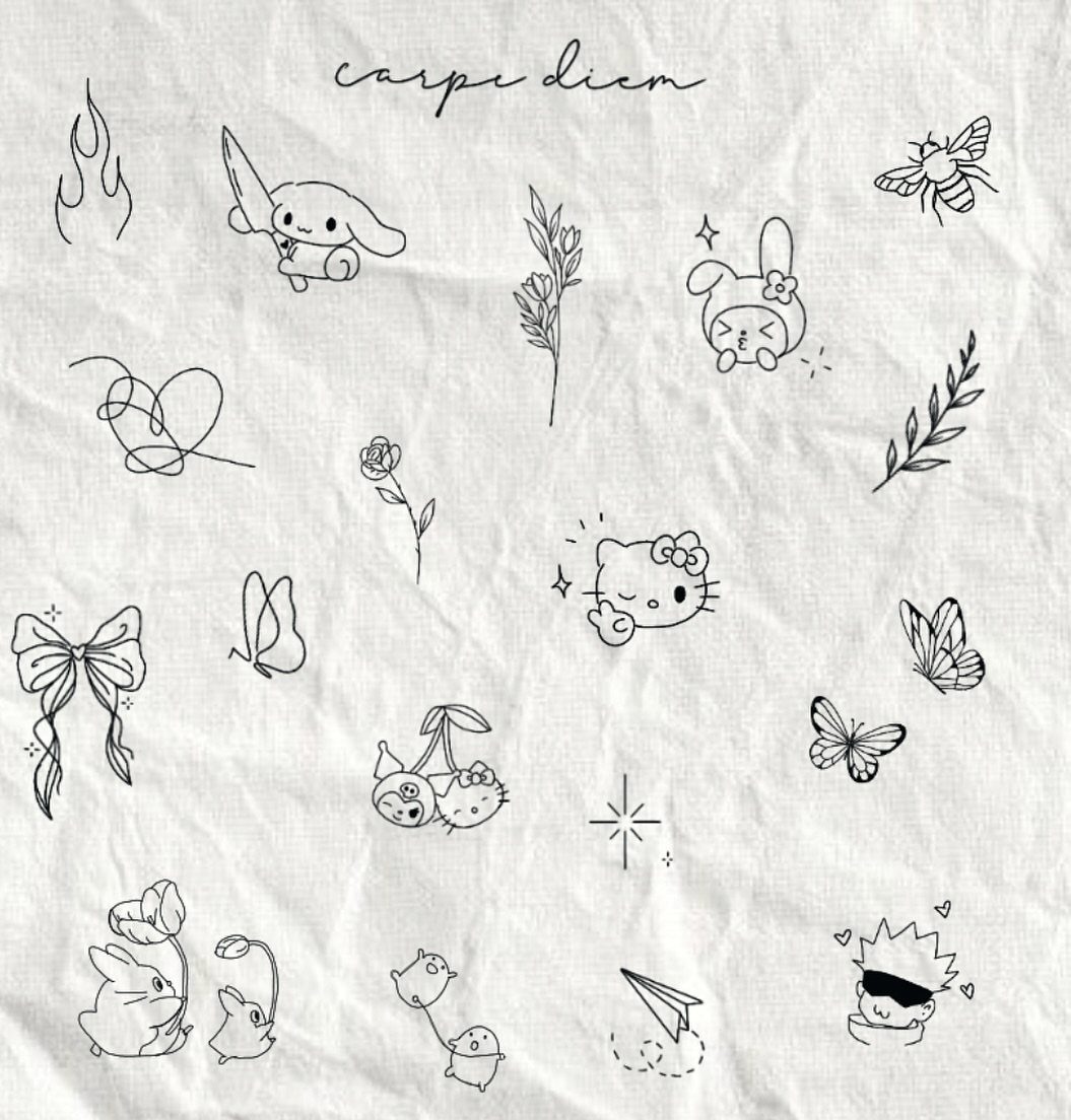 Small black line drawings of characters and nature on wrinkled white fabric.