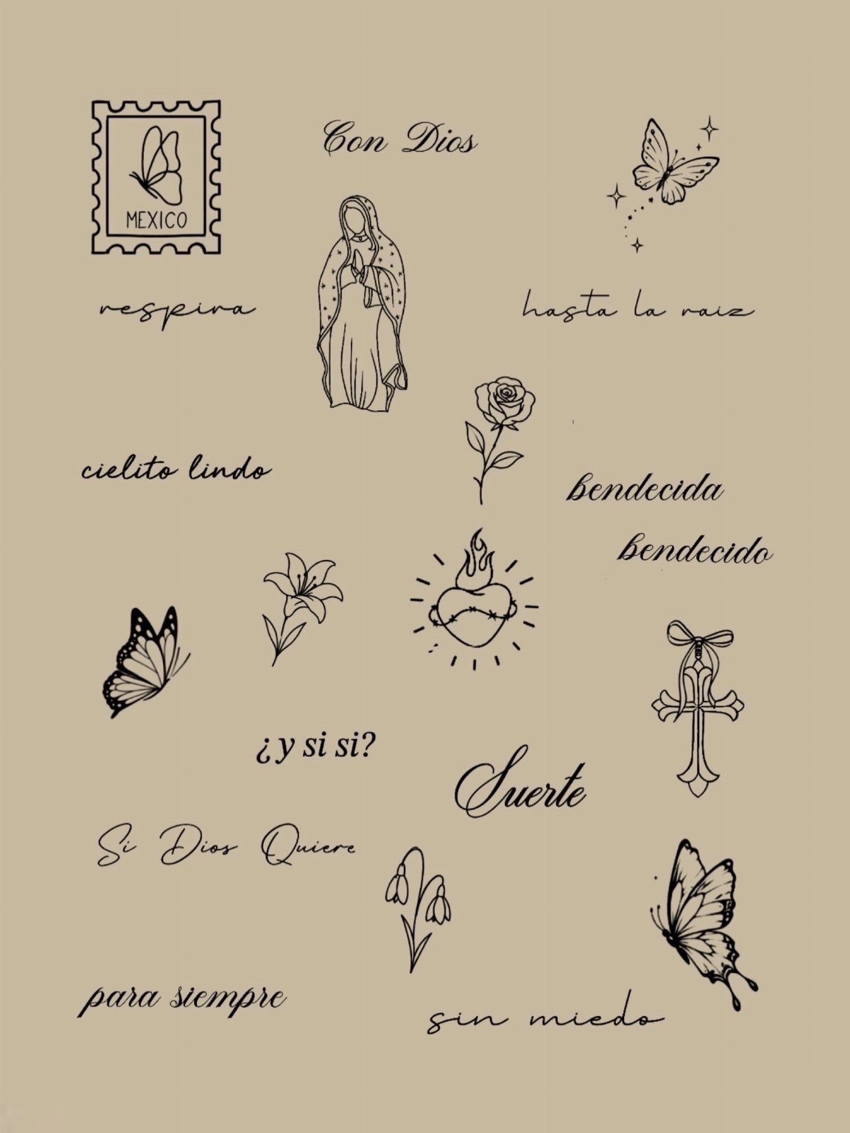 Tattoo flash sheet with black ink drawings of butterflies, flowers, and Spanish phrases.