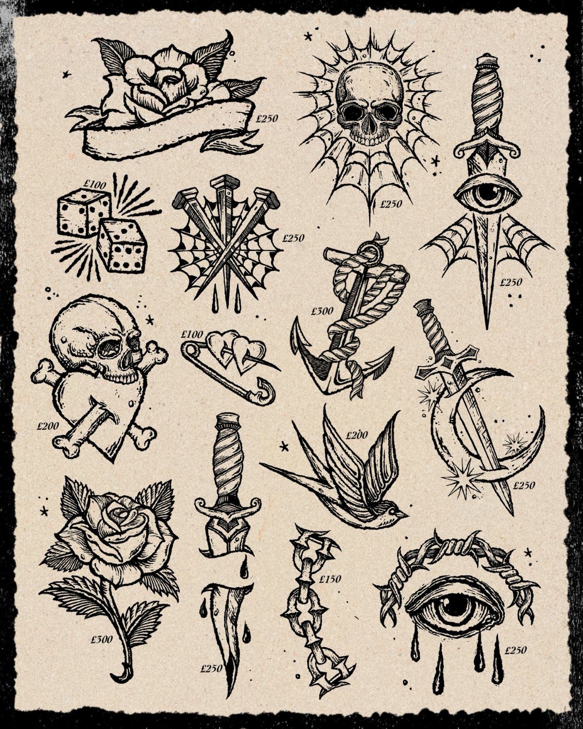 Traditional black ink tattoo flash sheet featuring skulls, roses, and daggers on parchment.