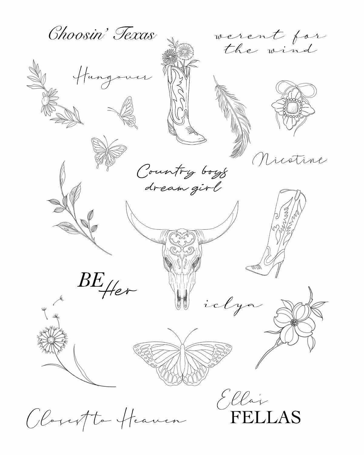 Collection of black ink line drawings including a steer skull and cowboy boots.