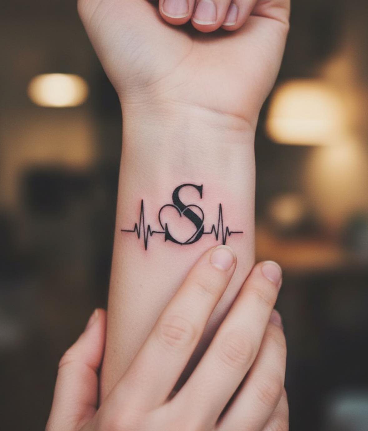 Wrist tattoo featuring a heartbeat line, a heart, and the letter S.