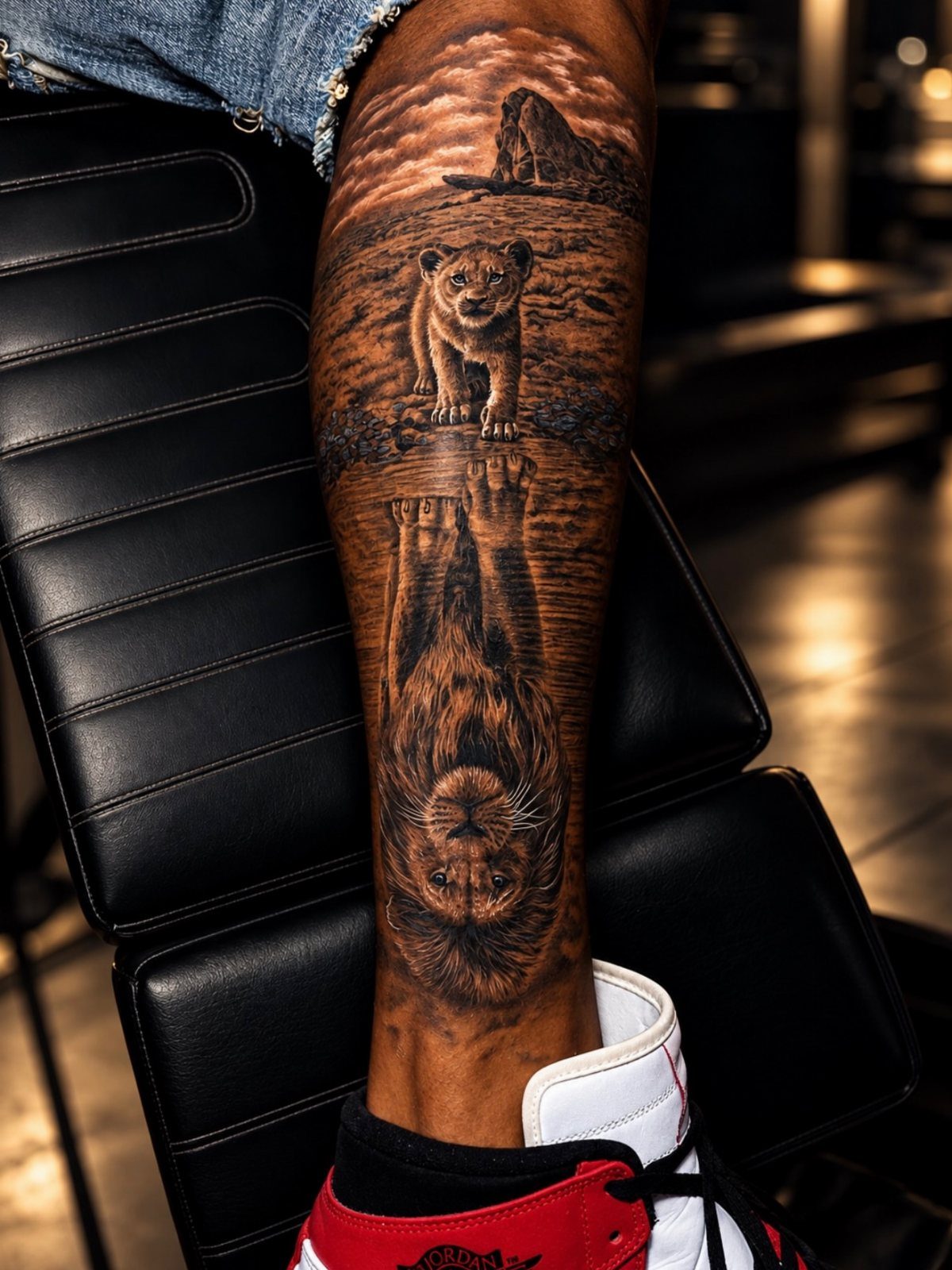 Lion cub tattoo on a leg with a reflection of an adult lion