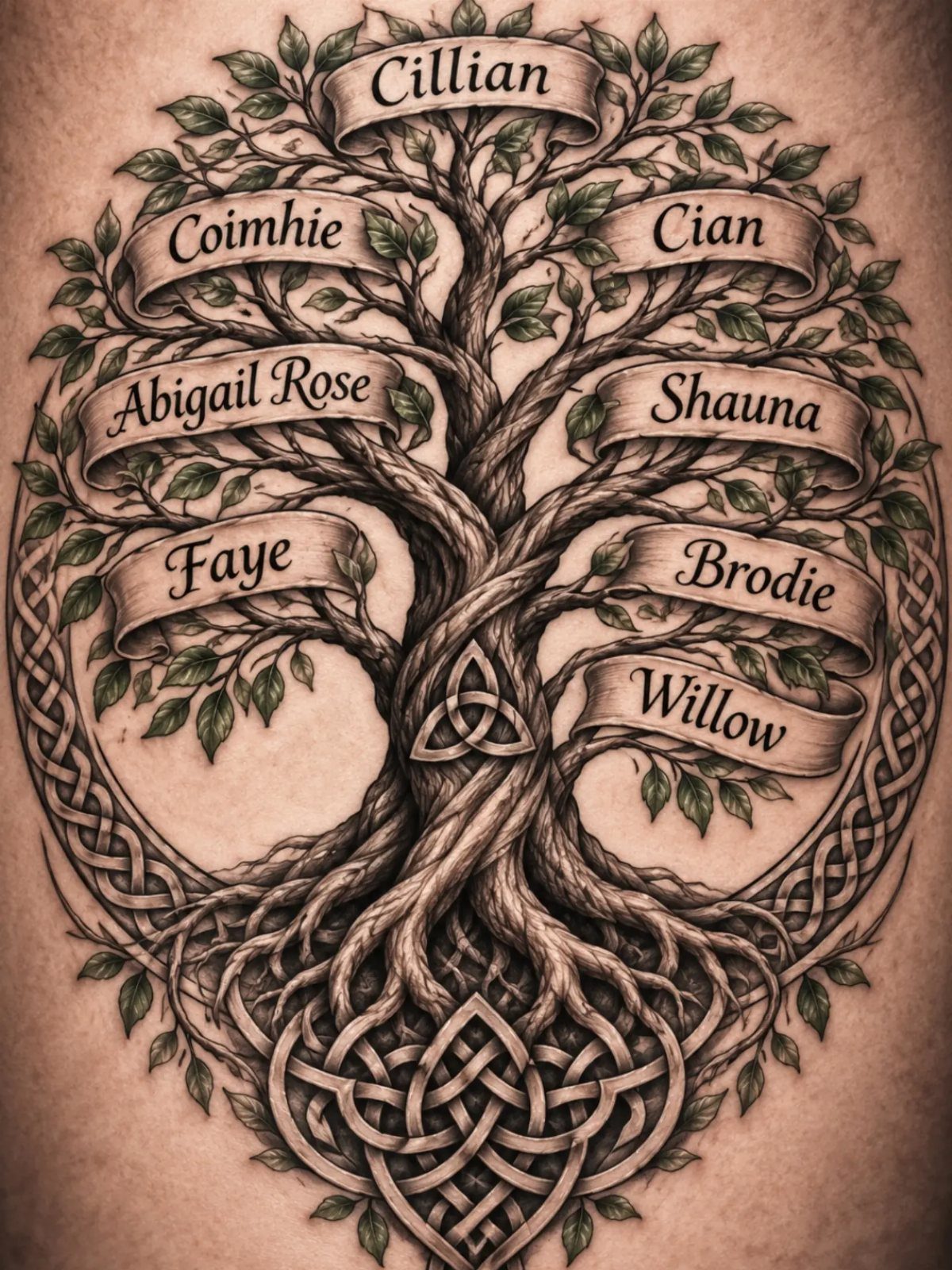 Family tree tattoo with names on banners, Celtic knots, and a small triquetra symbol.