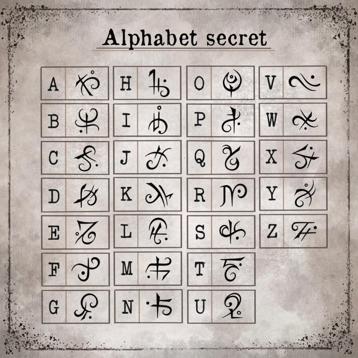 Alphabet secret chart showing Latin letters paired with stylized calligraphic tattoo symbols