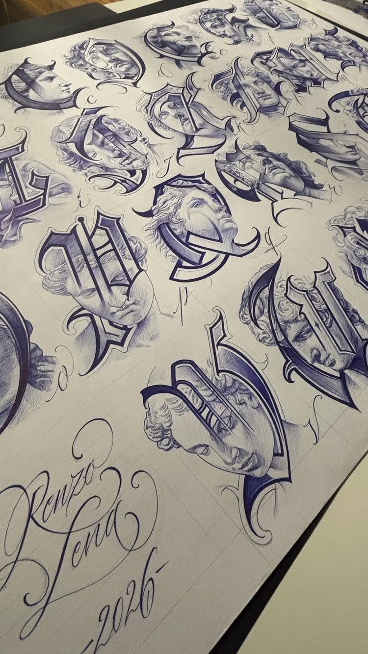 Stylized gothic alphabet letters integrated with classical face sketches drawn in blue ink.