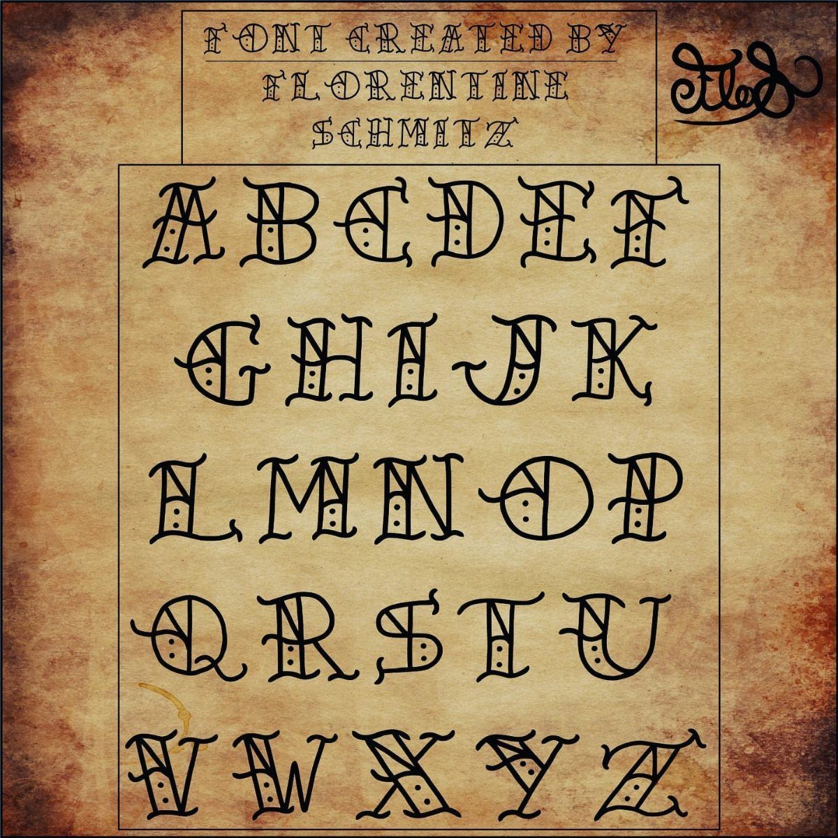 Ornate black calligraphic alphabet displayed on a textured, aged parchment background.