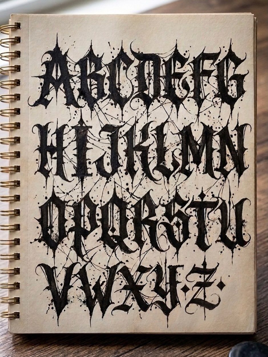 Hand-drawn gothic alphabet in black ink on a cream-colored spiral sketchbook page.