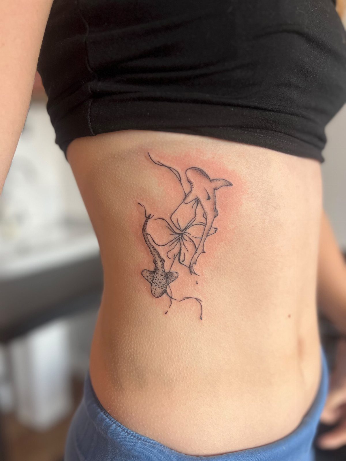 Minimalist shark tattoo on a person's ribs with a red watercolor background.