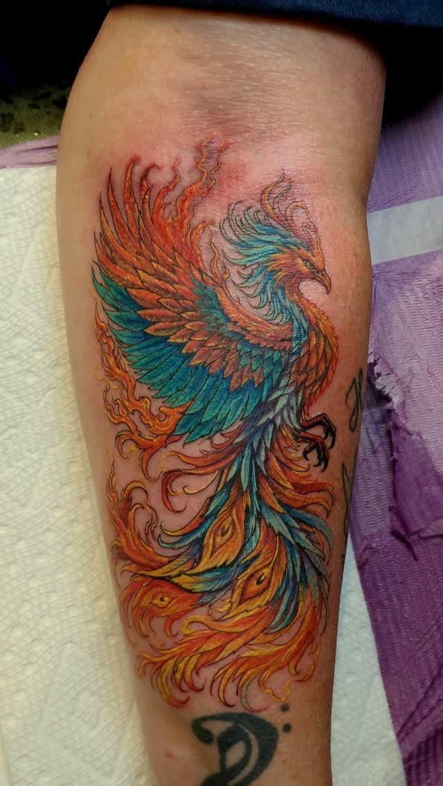 Phoenix tattoo with orange and blue feathers on a person's leg