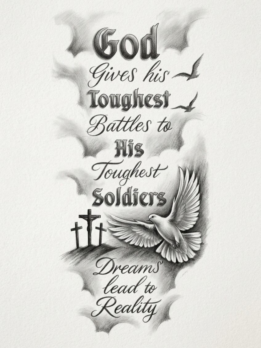 Tattoo design with a dove, crosses, and faith quotes about God's strength.