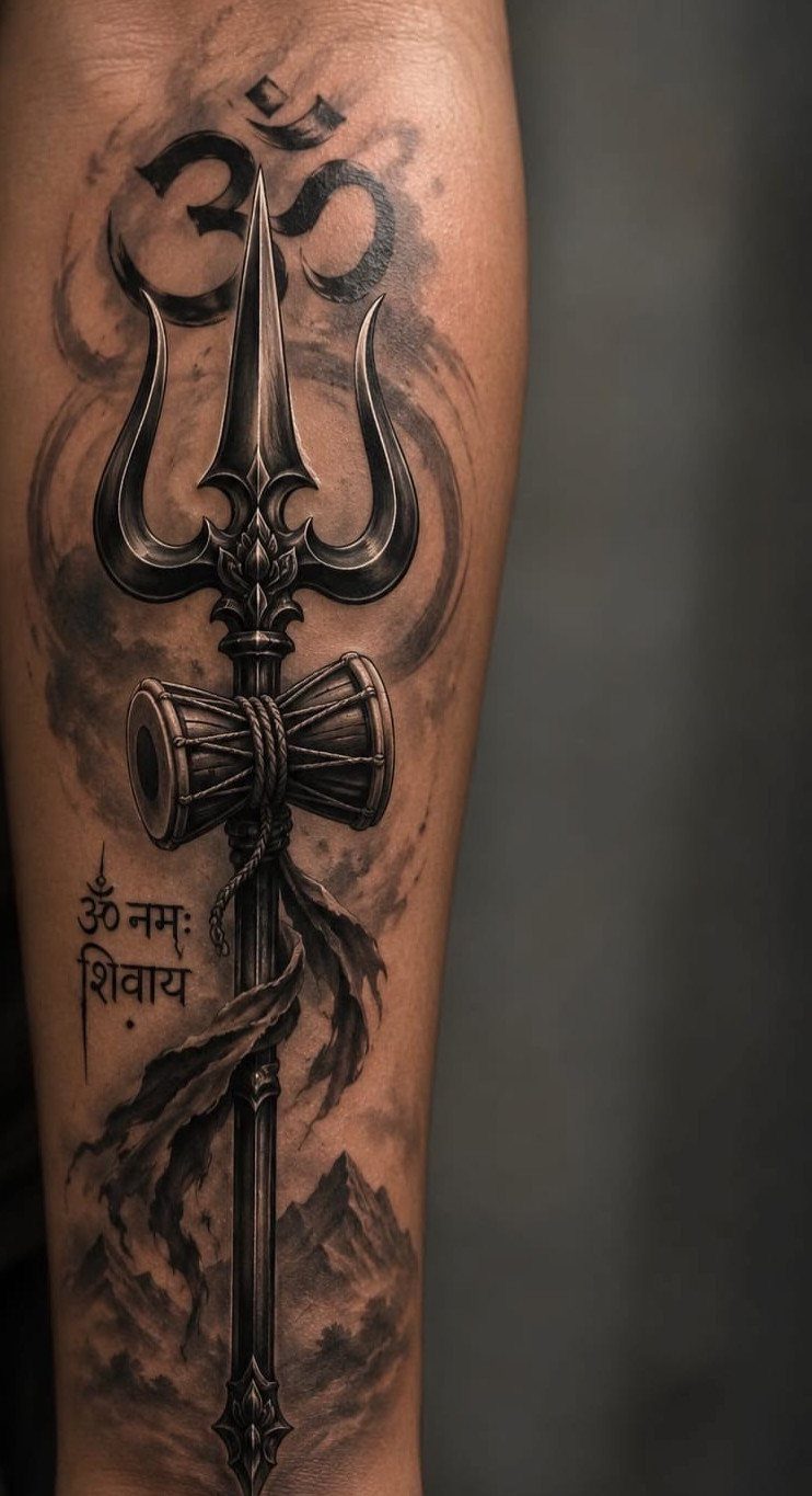 Trident and damaru tattoo with Om symbol and Sanskrit text on an arm.