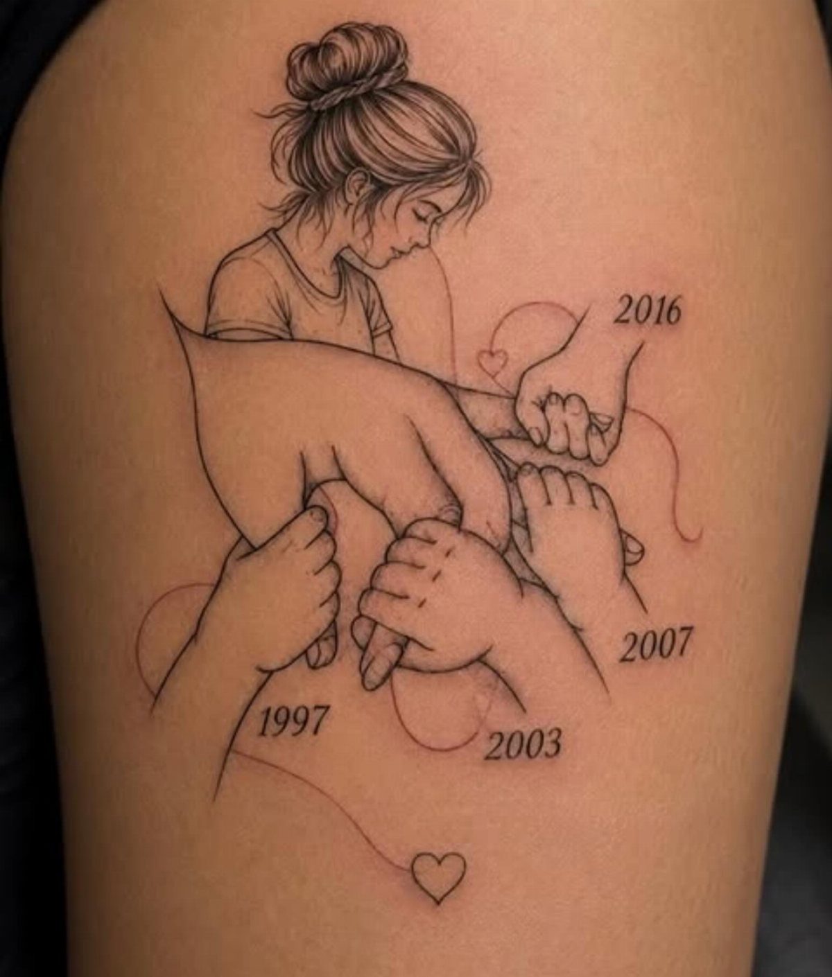 Tattoo of a mother with children's hands and their birth years on skin.