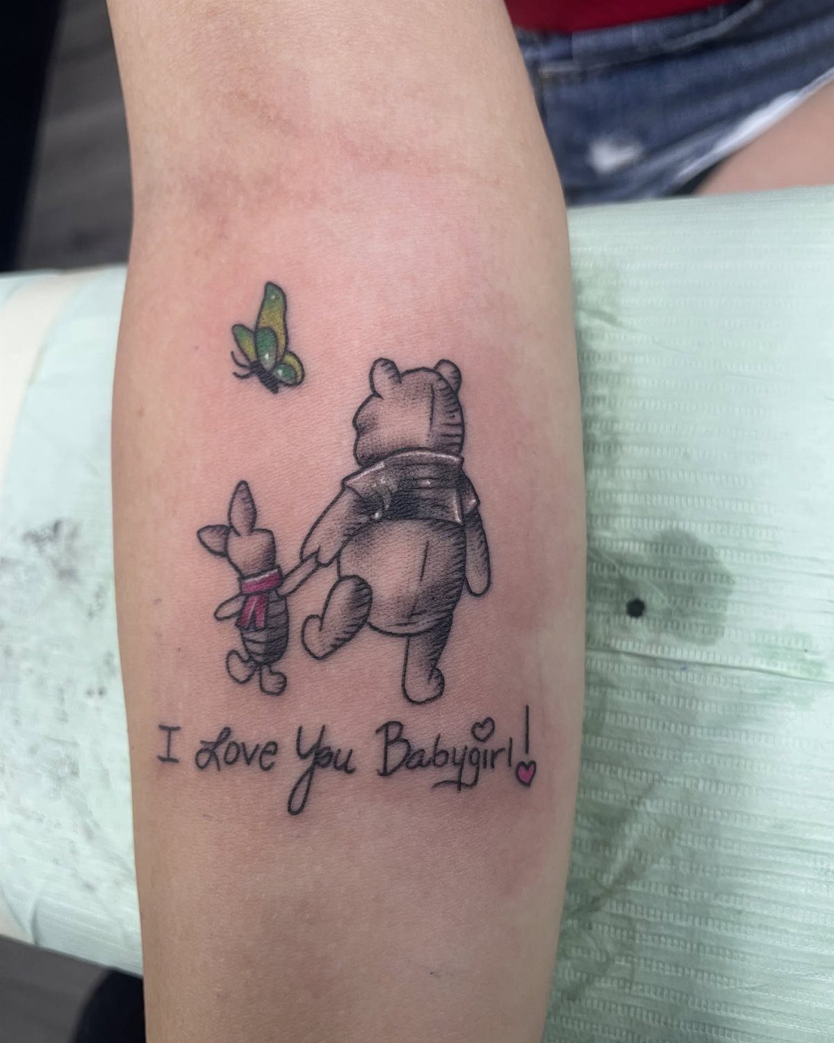 Tattoo of Winnie the Pooh and Piglet with text I Love You Babygirl!