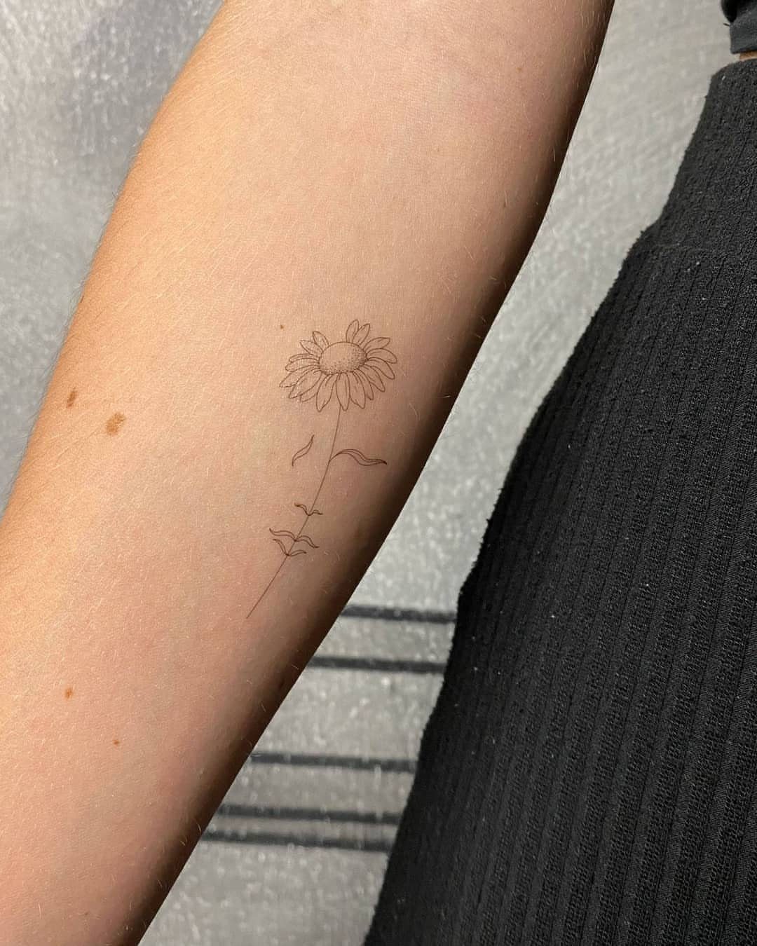 Daisy flower tattoo with a stem and leaves on a person's forearm.