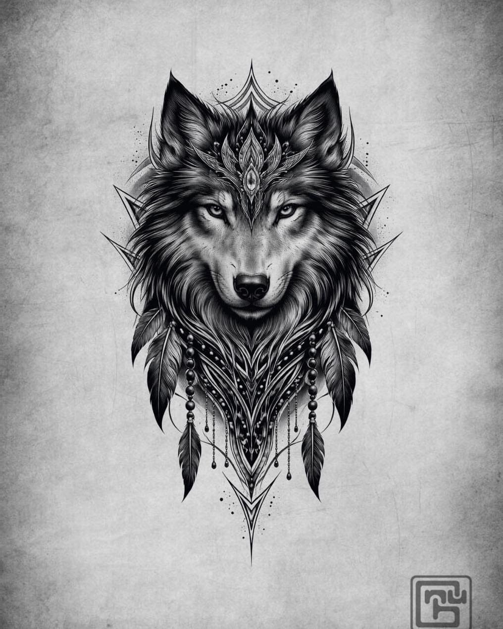 Wolf head drawing with an ornate crown, feathers, and intricate geometric patterns.