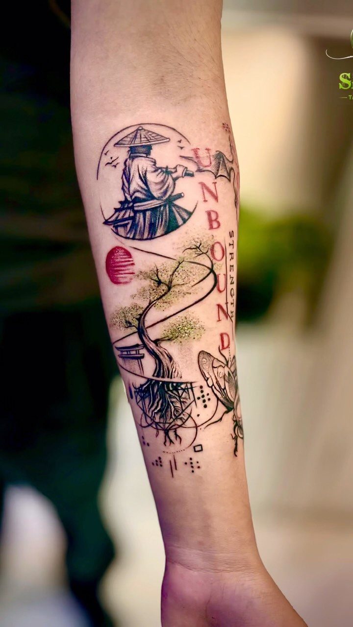 Detailed forearm tattoo featuring a Japanese figure, bonsai tree, and the word UNBOUND.