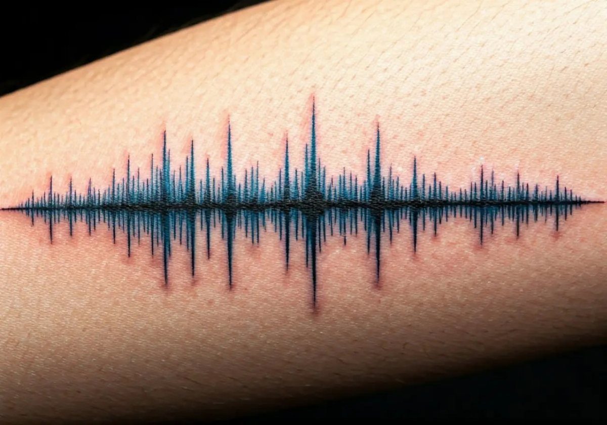 Soundwave tattoo with blue and black vertical lines on a person's arm.