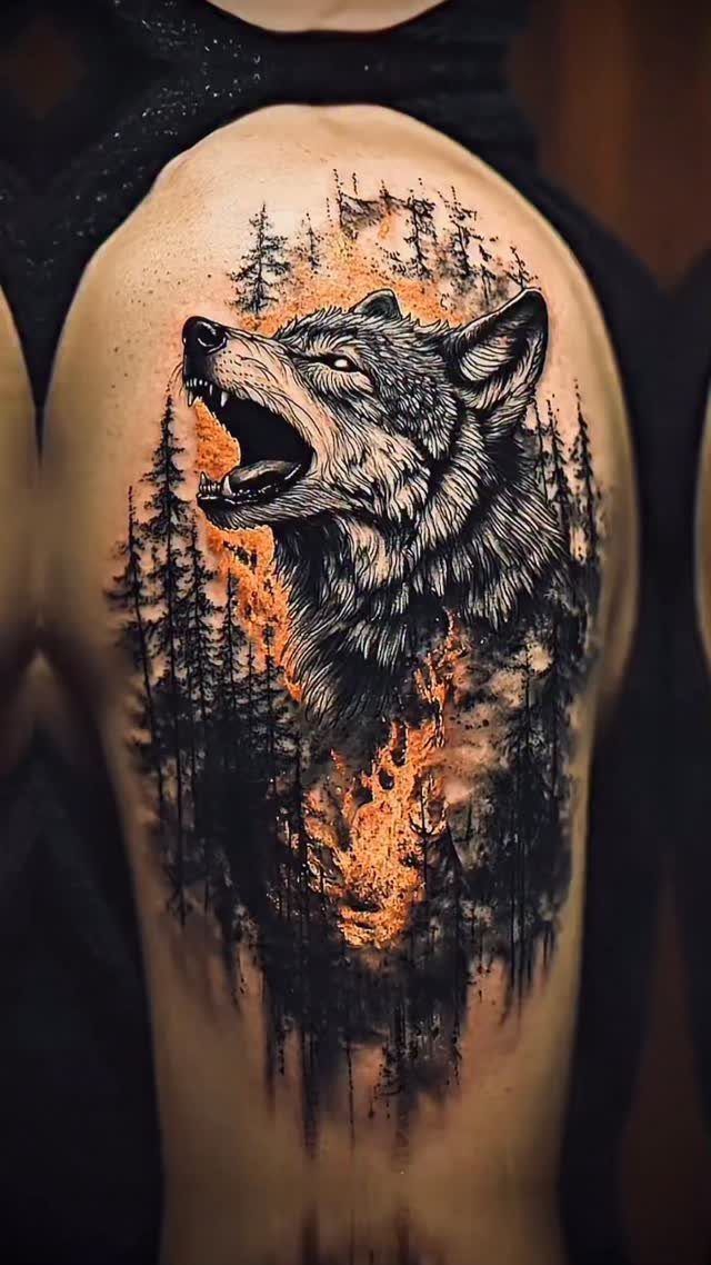 Howling wolf tattoo on a man's arm with a fiery forest background.