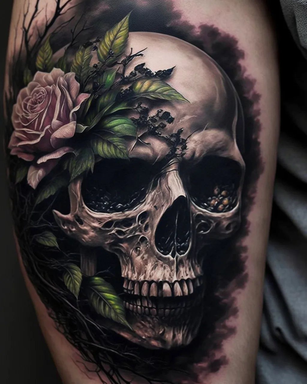 Realistic skull tattoo on an arm with a pink rose and green leaves.