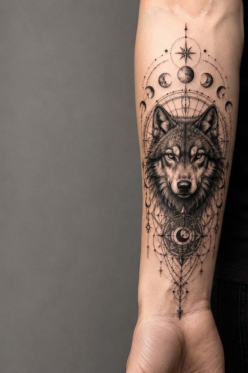 Wolf head tattoo on a forearm surrounded by geometric shapes and moon phases.