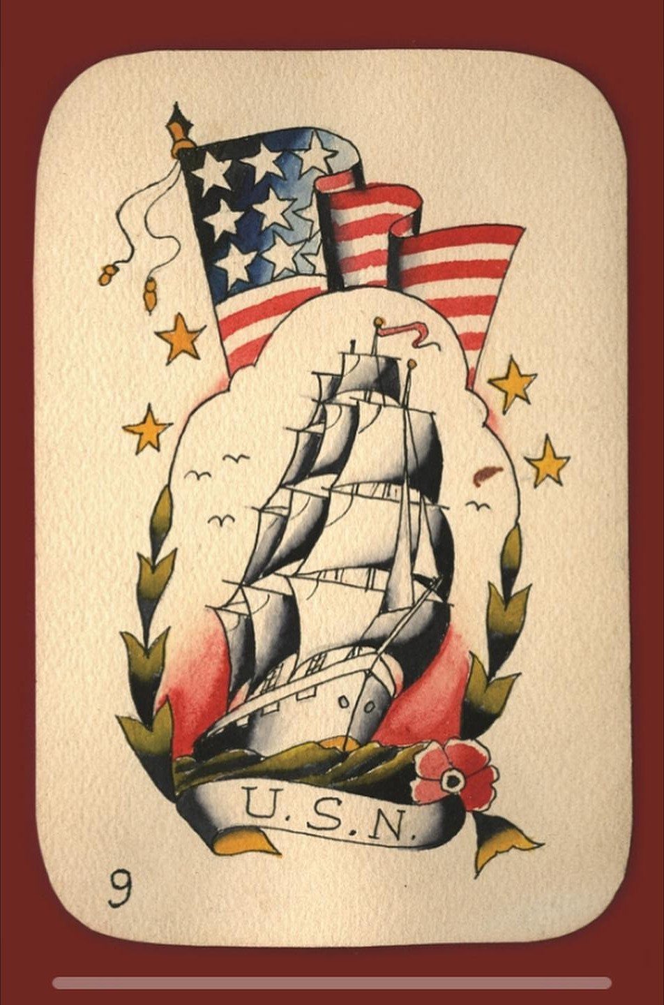 Sailing ship with American flag and USN banner in traditional tattoo style