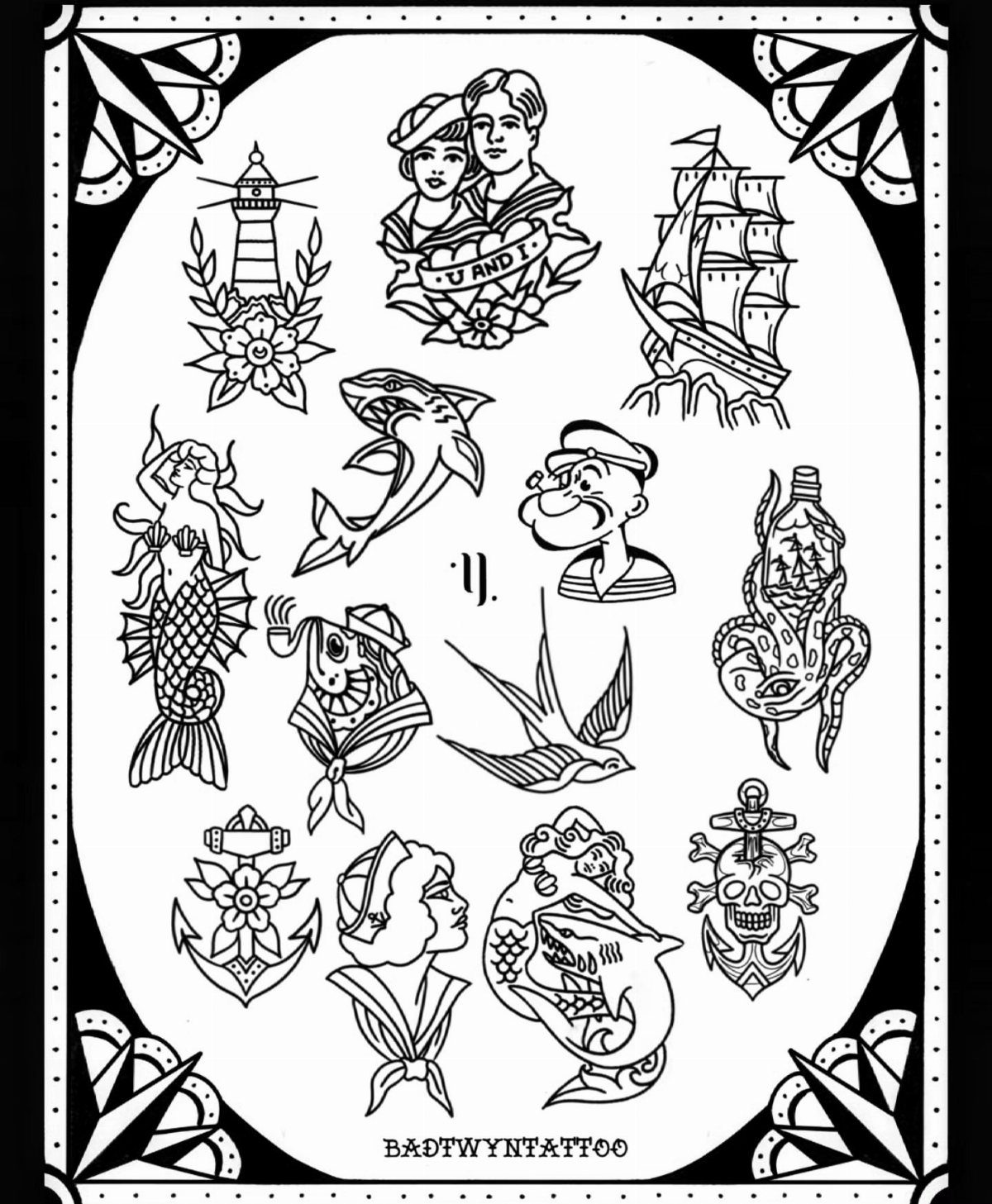 Traditional tattoo flash sheet with various nautical and classic black ink designs.