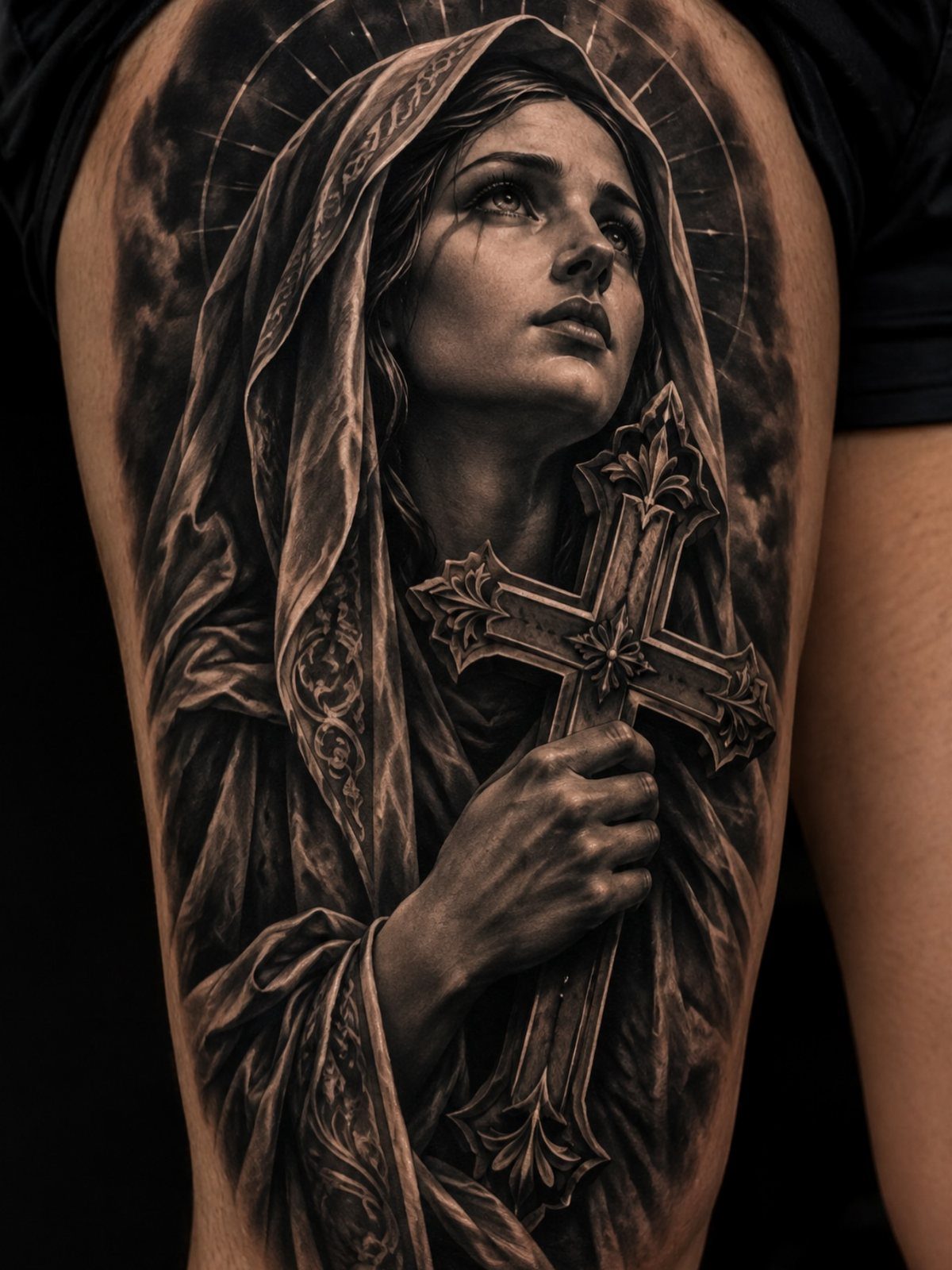 Detailed black and grey tattoo of a veiled woman holding an ornate cross.